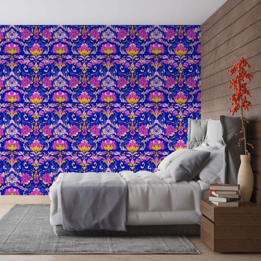 Art Nouveau floral wallpaper creating an elegant atmosphere in a bright dining room with blue and pink tones