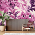 Pink and purple Art Nouveau floral wallpaper in a bright modern living room with natural light
