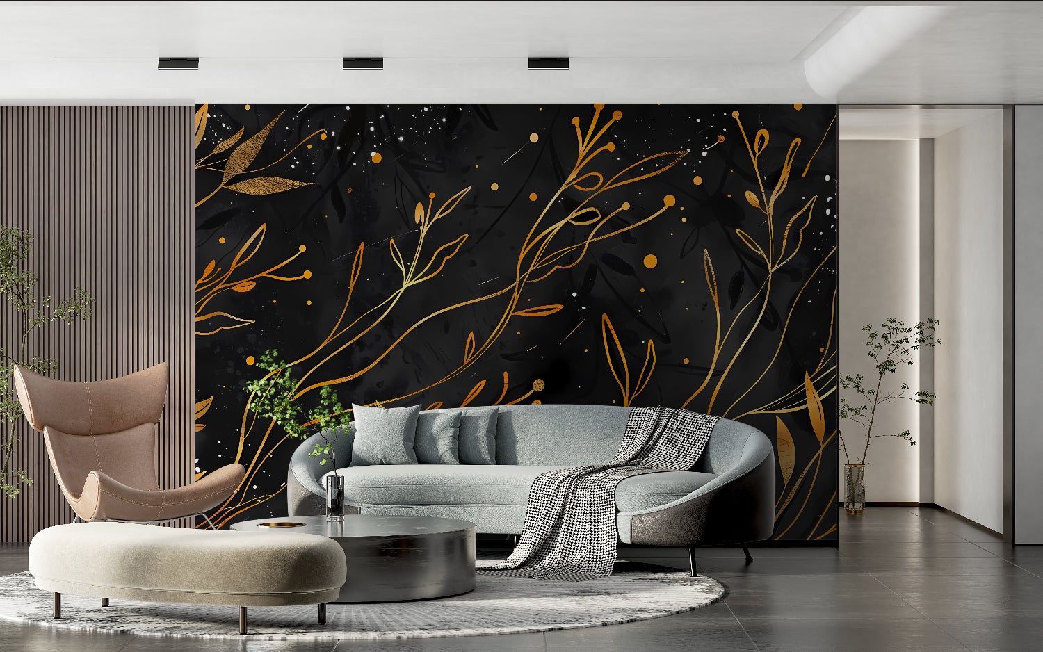 Black and gold floral wallpaper in modern dining room with crystal chandelier