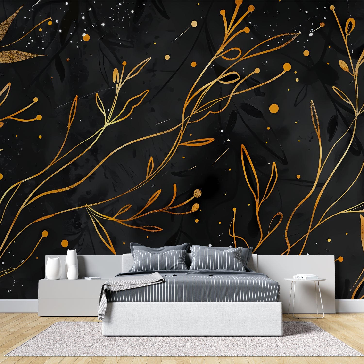 Art deco black and gold wallpaper creating luxury master bedroom accent wall