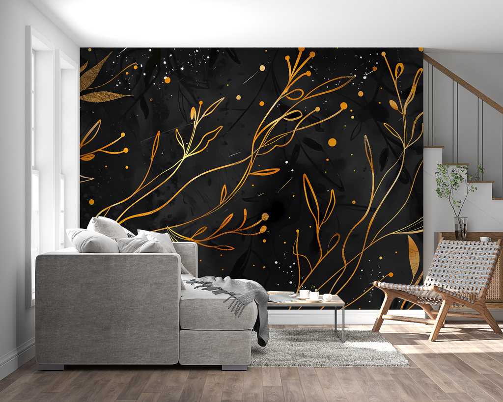 Black and gold botanical wallpaper in contemporary living room setting