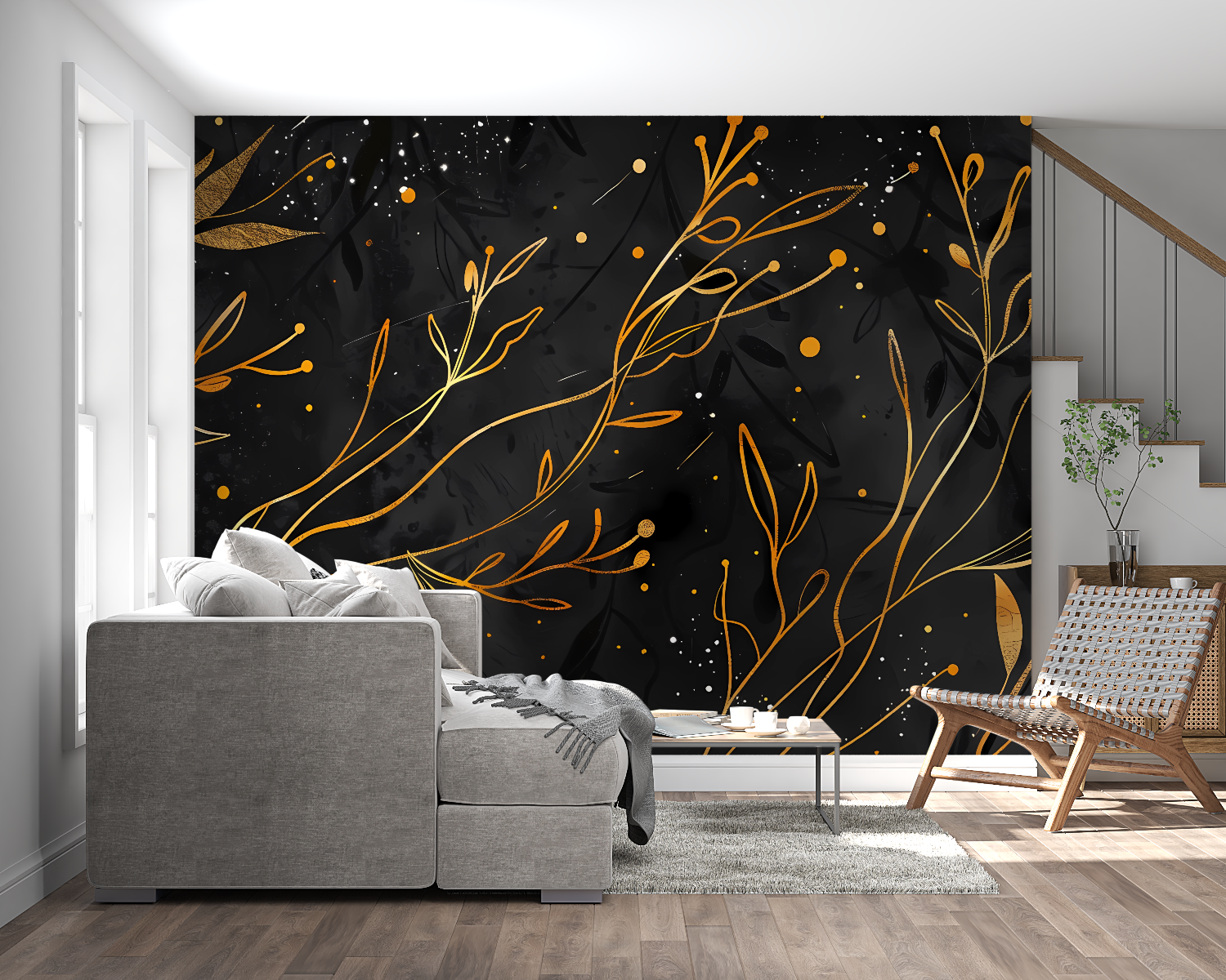 Black and gold botanical wallpaper in contemporary living room setting
