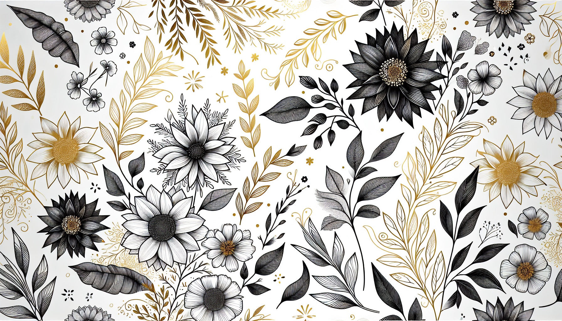Black and gold floral wallpaper creating drama in a modern dining room with pendant lights and wooden furniture
