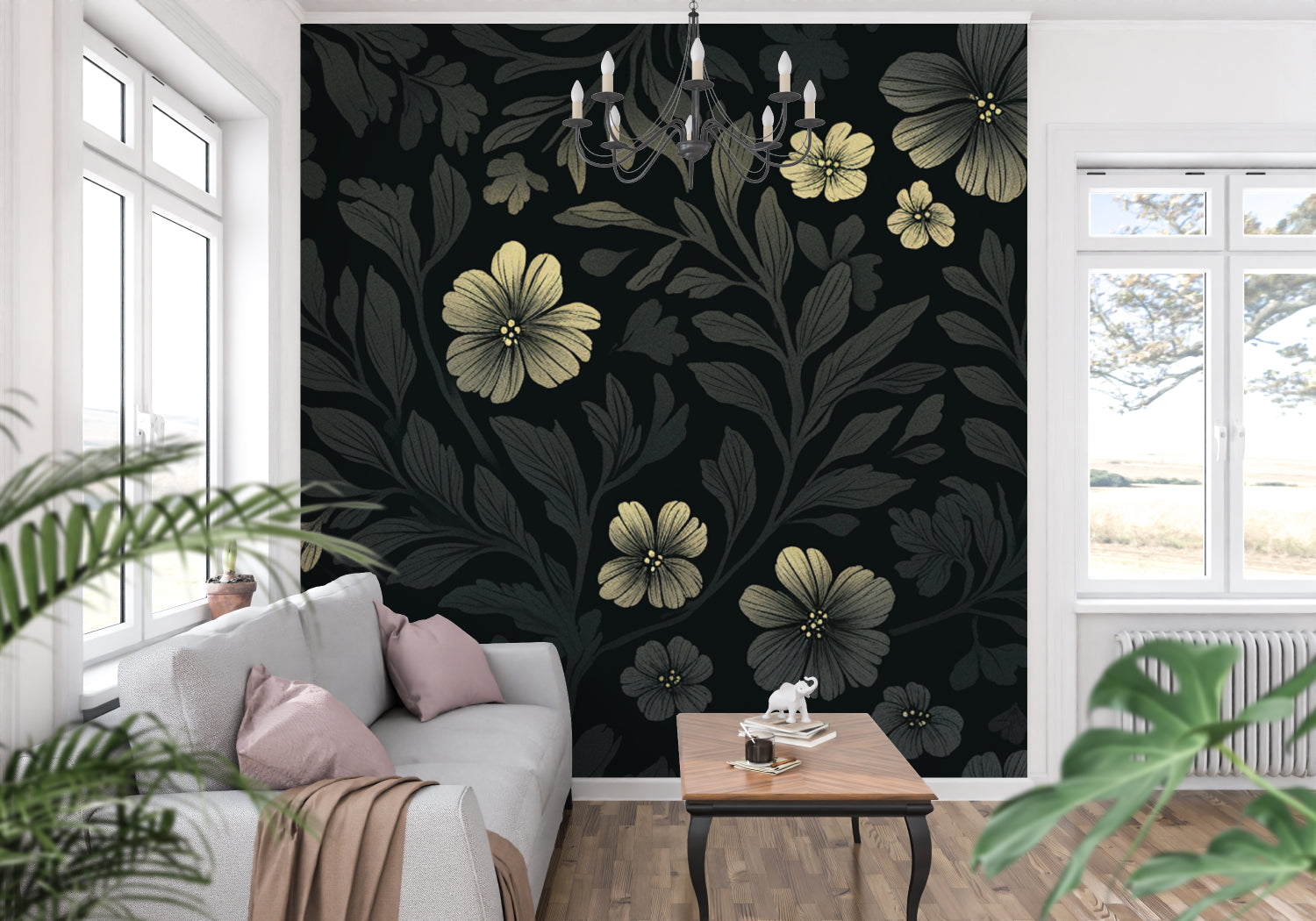 Black floral mural with gold accents transforming a powder room