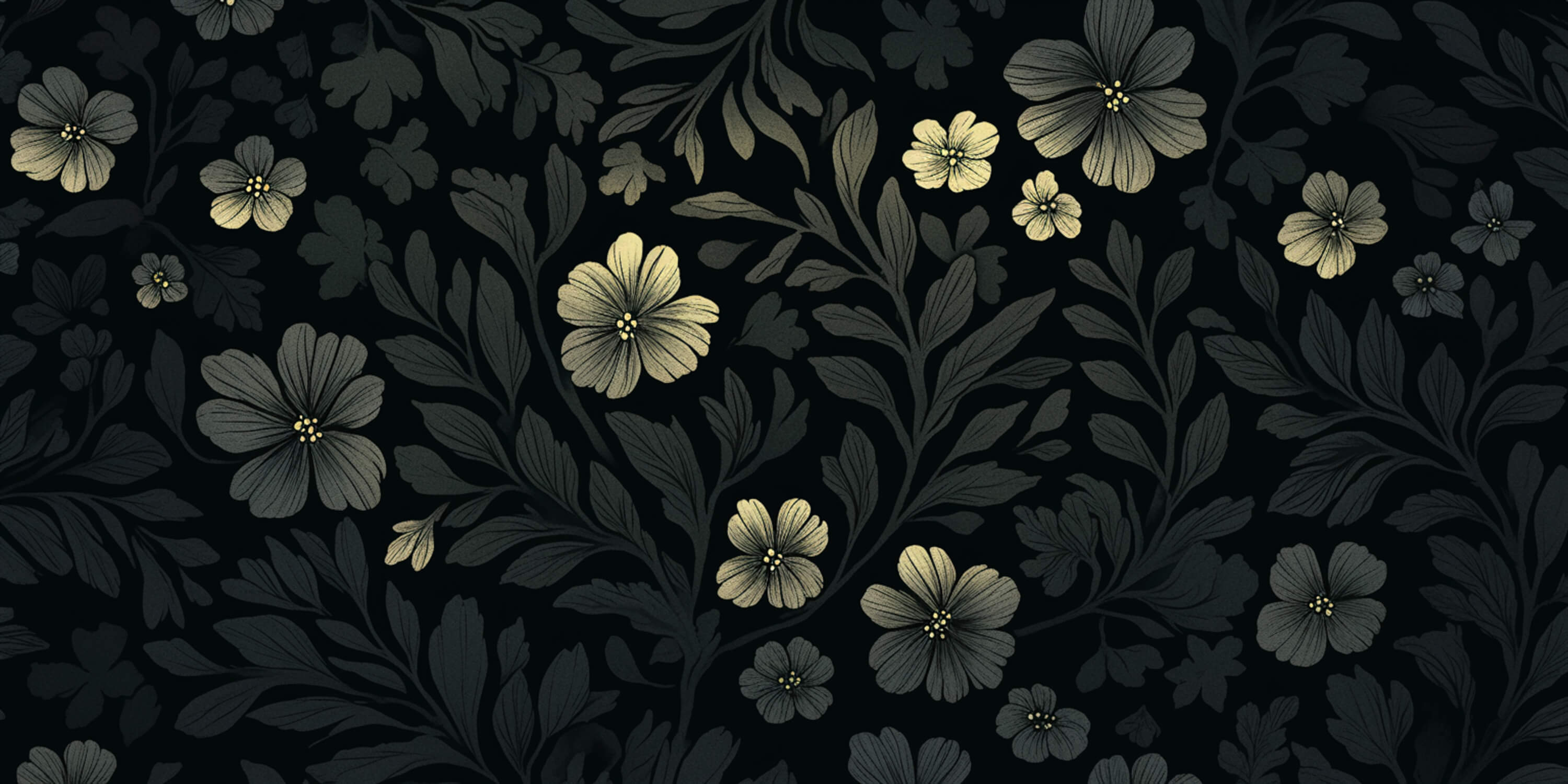 Black and gold floral wallpaper design file showing intricate botanical pattern details