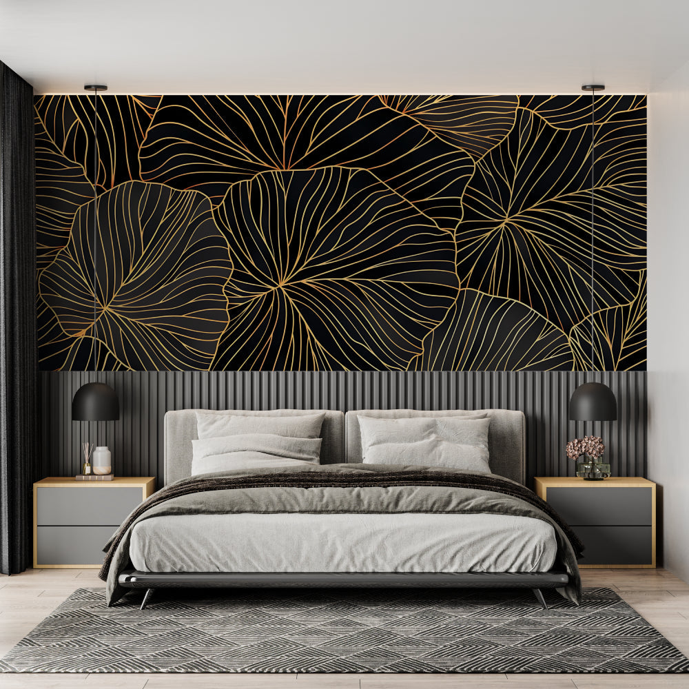 Black and gold leaf wallpaper in modern dining room with crystal chandelier