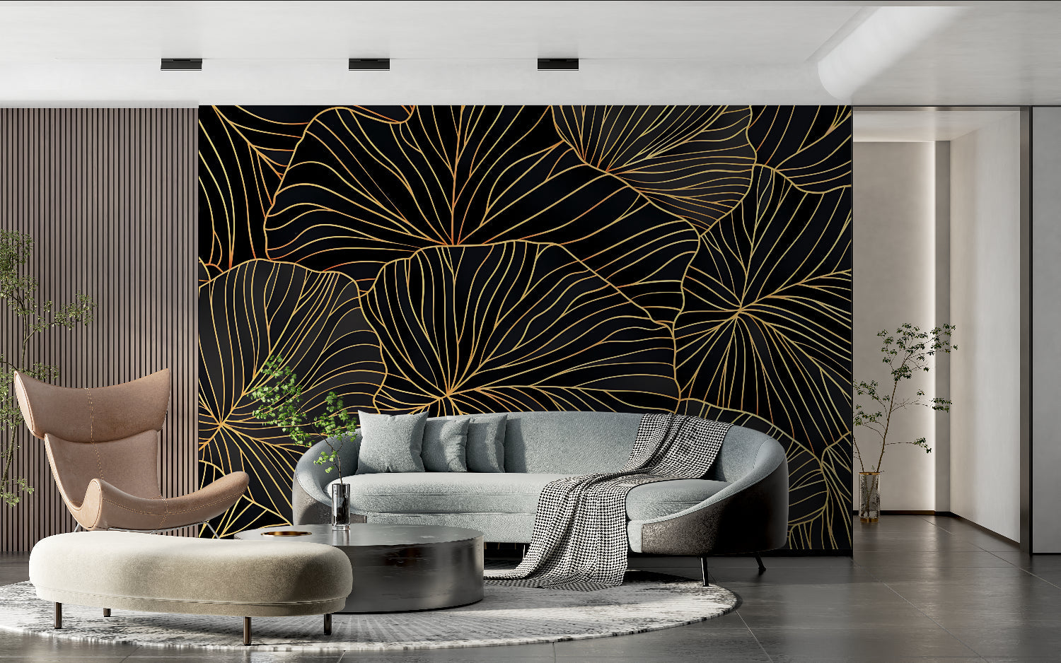 Luxury botanical wallpaper featuring gold leaves in master bedroom setting
