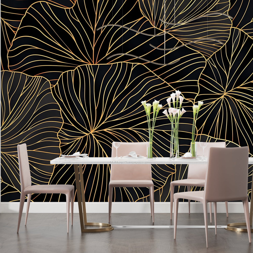 Black and gold leaf pattern mural in contemporary living room space
