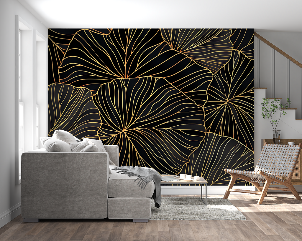 Modern gold leaf wallpaper accent wall in upscale hotel lobby