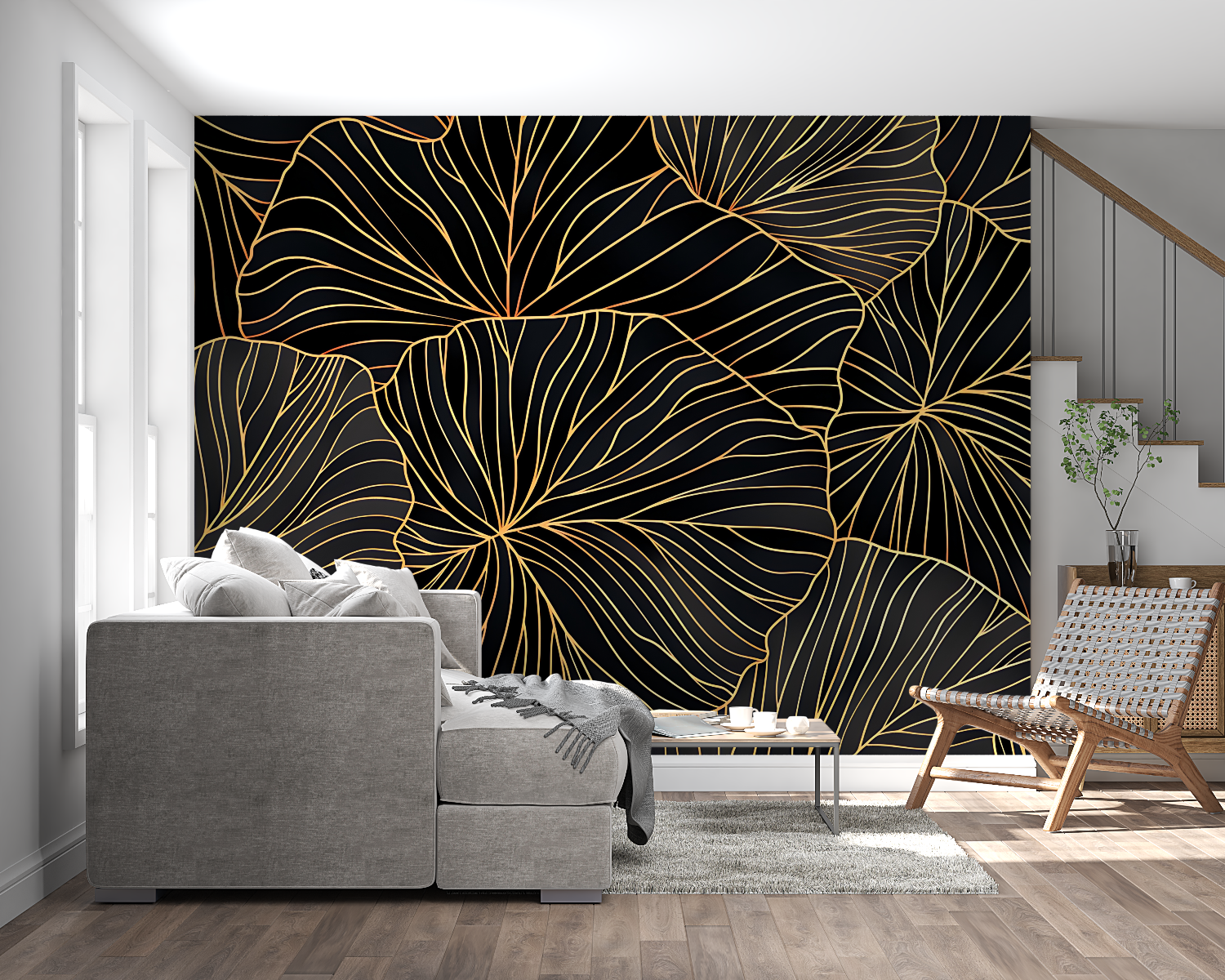 Modern gold leaf wallpaper accent wall in upscale hotel lobby