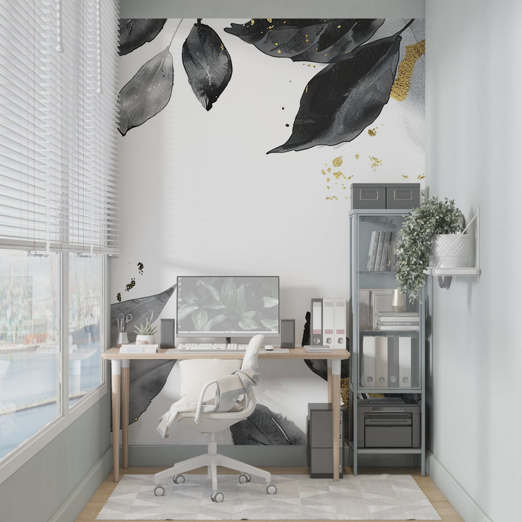 Elegant entryway decorated with black and gold leaf mural