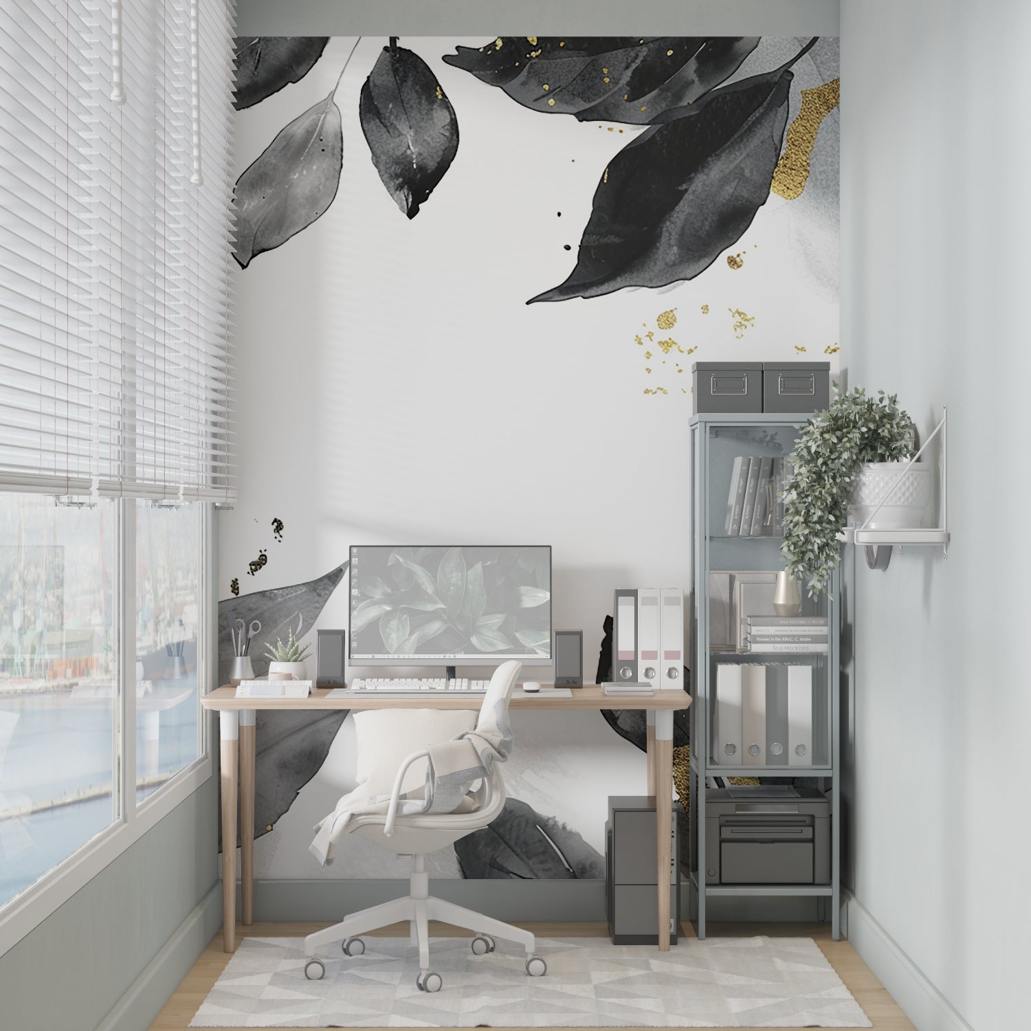 Elegant entryway decorated with black and gold leaf mural