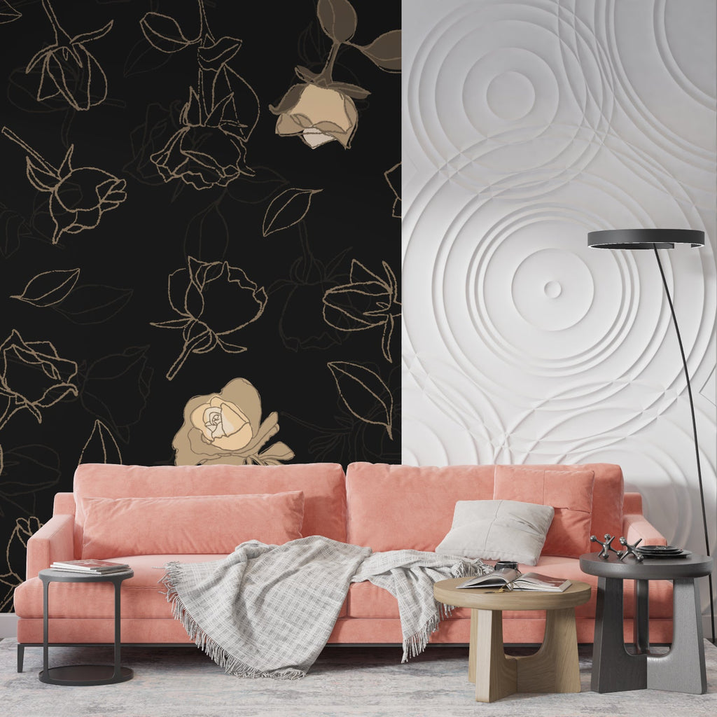 Luxury hotel lobby showcasing black and gold rose pattern wallpaper