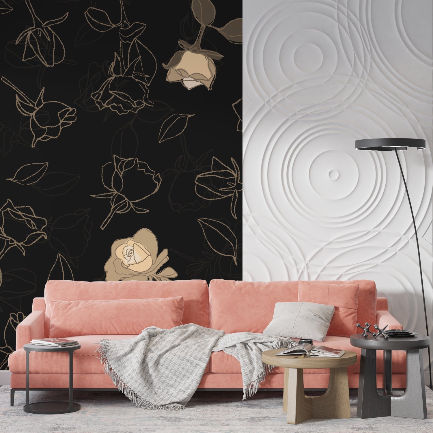Luxury hotel lobby showcasing black and gold rose pattern wallpaper