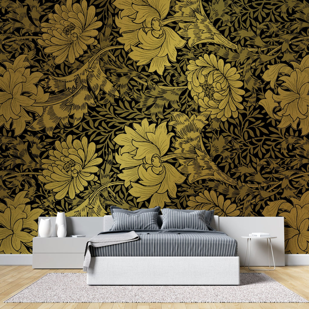 Vintage floral pattern in black and gold adding elegance to a master bedroom wall