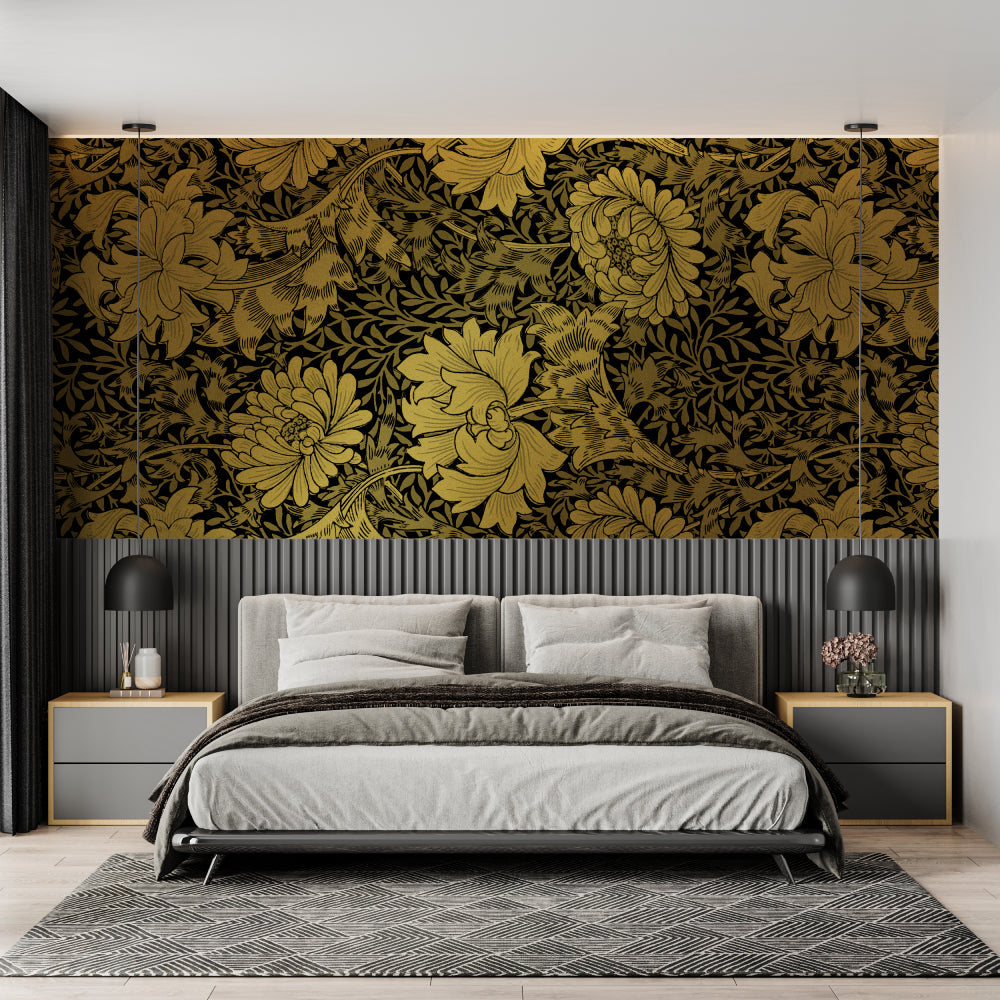 Gold floral wallpaper making a statement in a sophisticated dining room
