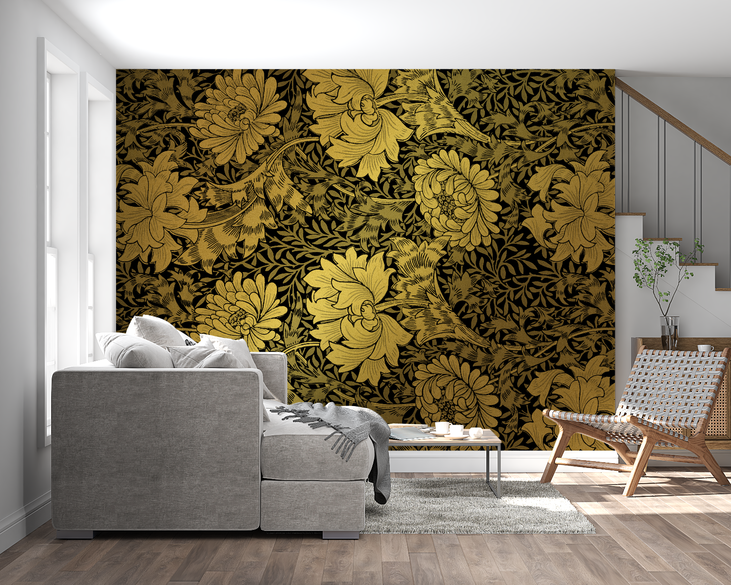 Black and gold vintage wallpaper brightening up a dark hallway with its metallic details