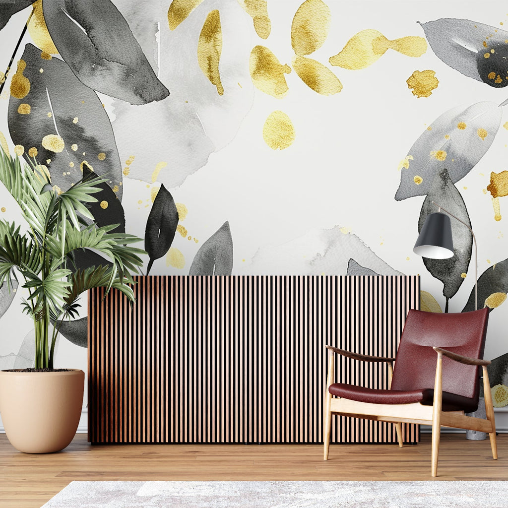 Black and gold leaf wallpaper creating drama in dining room space