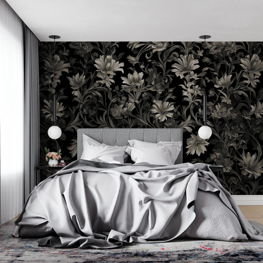 Elegant master bedroom featuring dark floral wall mural with crystal chandelier and plush bedding