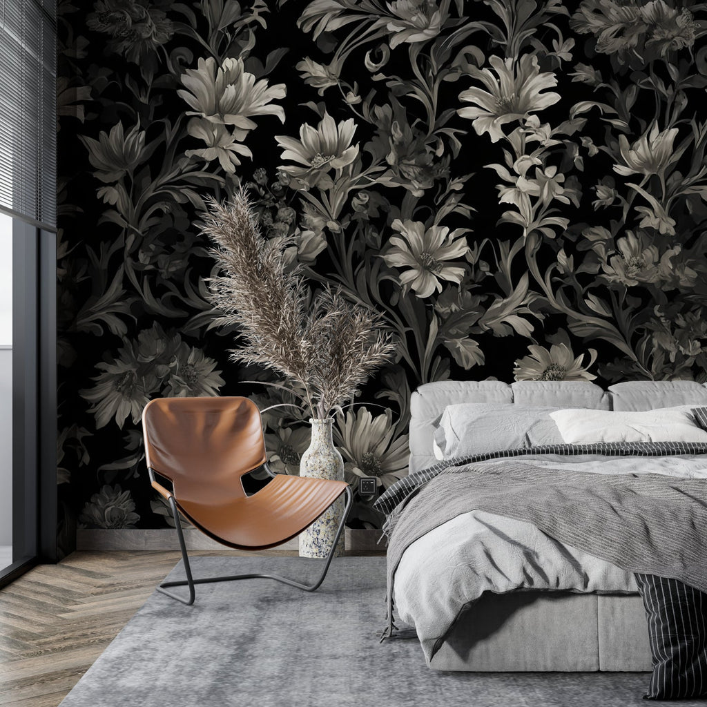 Baroque floral pattern adorning dining room walls, complemented by contemporary furniture