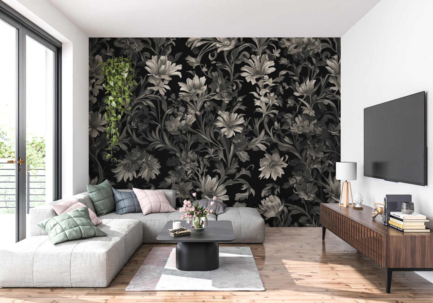 Home office space with black and grey floral wallpaper creating a sophisticated work environment
