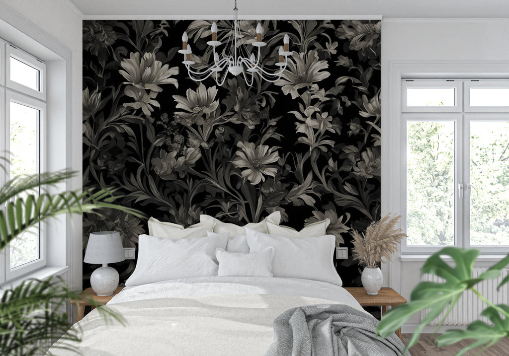 Moody hallway showcasing dramatic black floral wallpaper with modern lighting fixtures