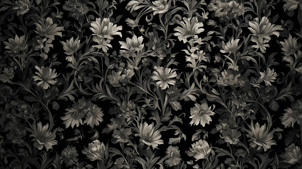 Black and grey baroque floral wallpaper design file showing intricate pattern details and full repeat