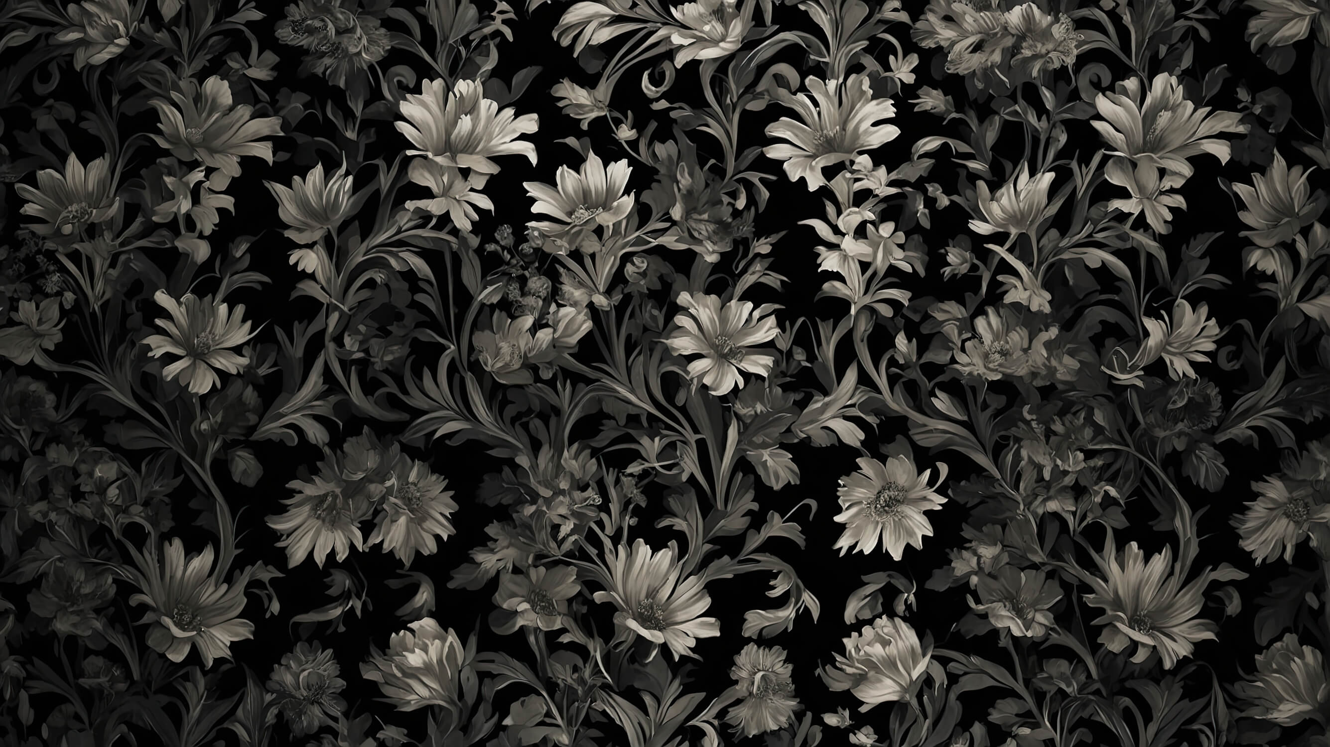 Black and grey baroque floral wallpaper design file showing intricate pattern details and full repeat