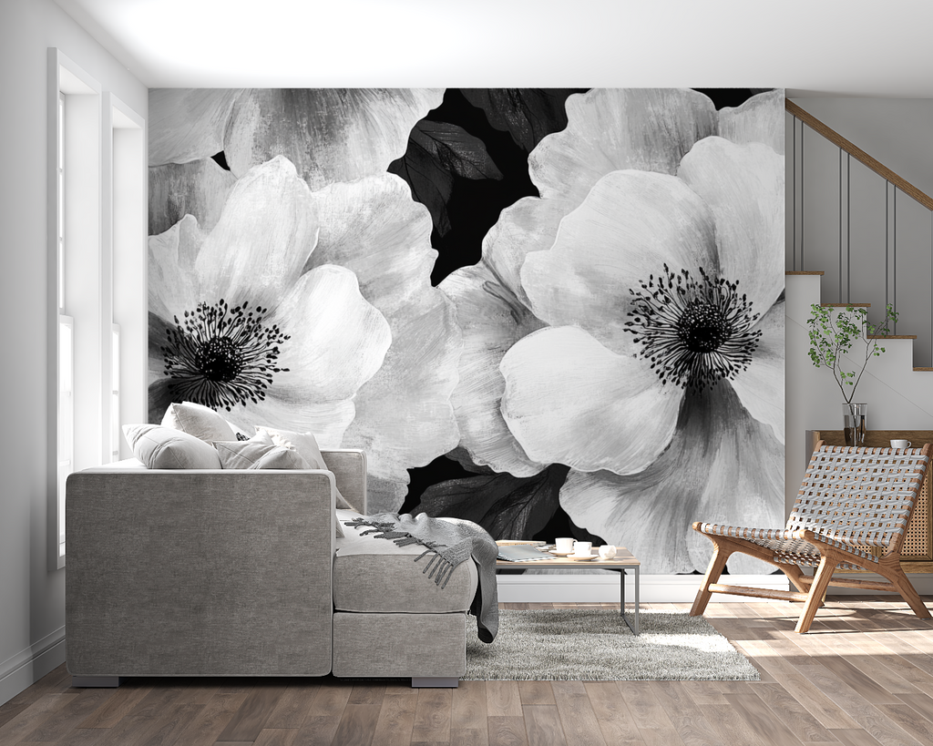Monochrome anemone wallpaper creating drama in master bedroom setting