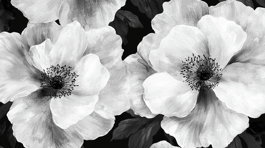 Black and white anemone floral wallpaper design file showing intricate botanical pattern