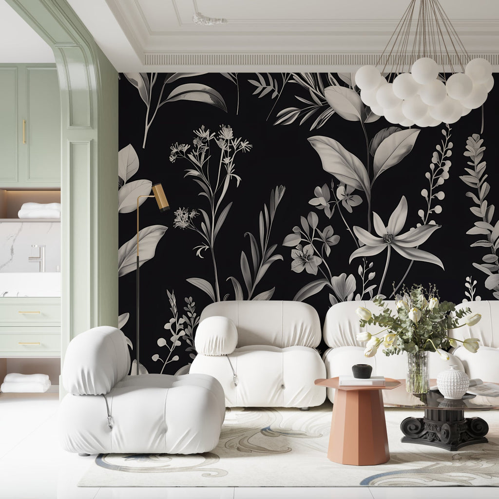 Botanical wall mural in dining room with soft lighting and minimal decor