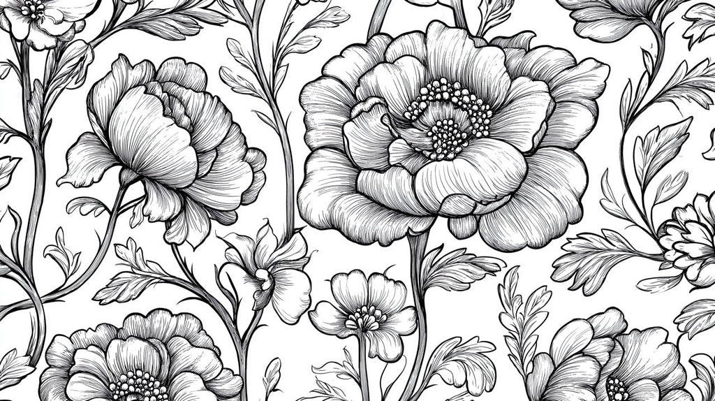 Black and white botanical line art wallpaper design file showing detailed peony pattern