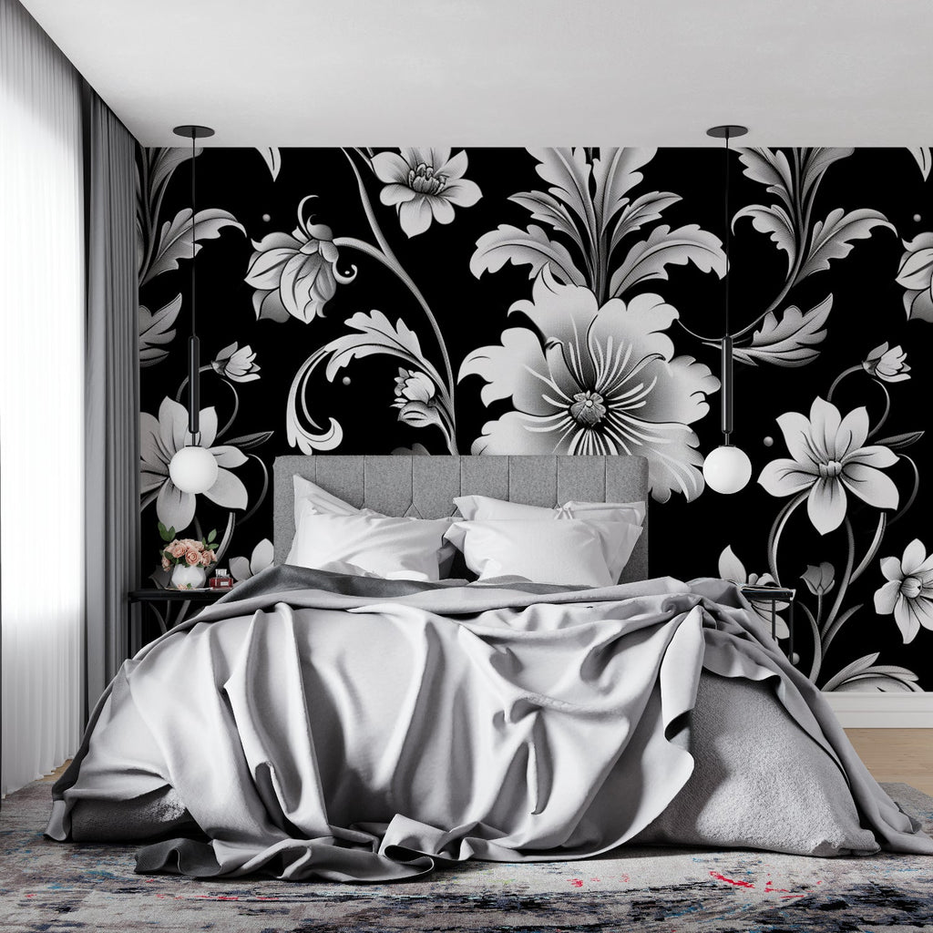 Black and white botanical wallpaper in home office setting