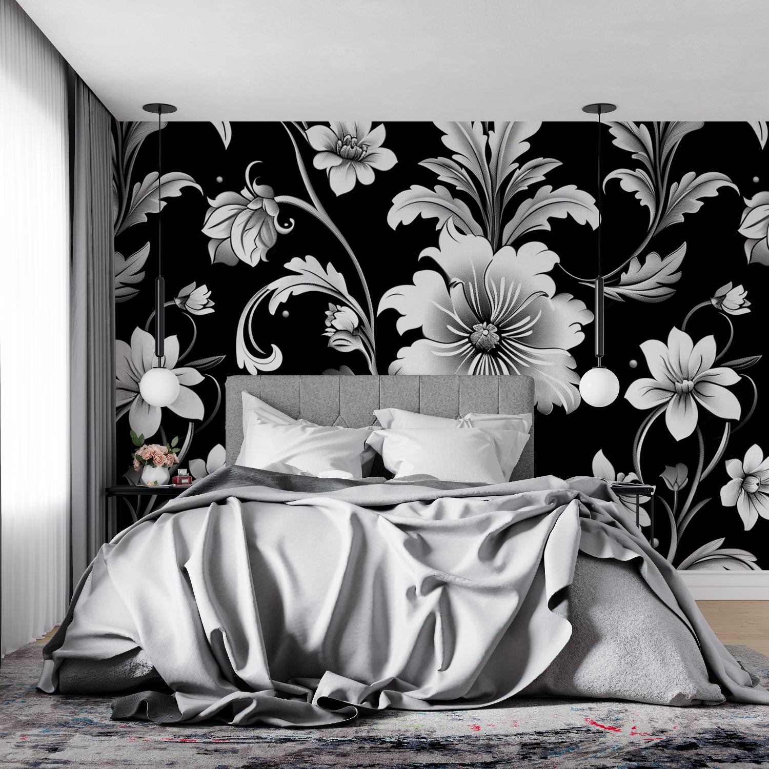 Black and white botanical wallpaper in home office setting