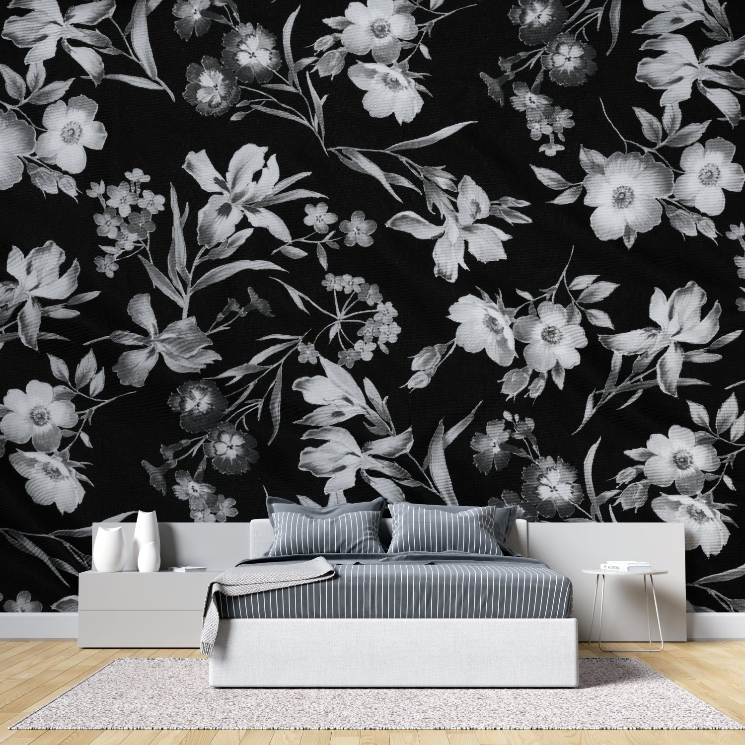 Monochrome flower mural in home office with minimalist desk setup
