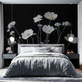 Black and white floral wallpaper with cosmos flowers adding elegance to a modern living room with clean lines
