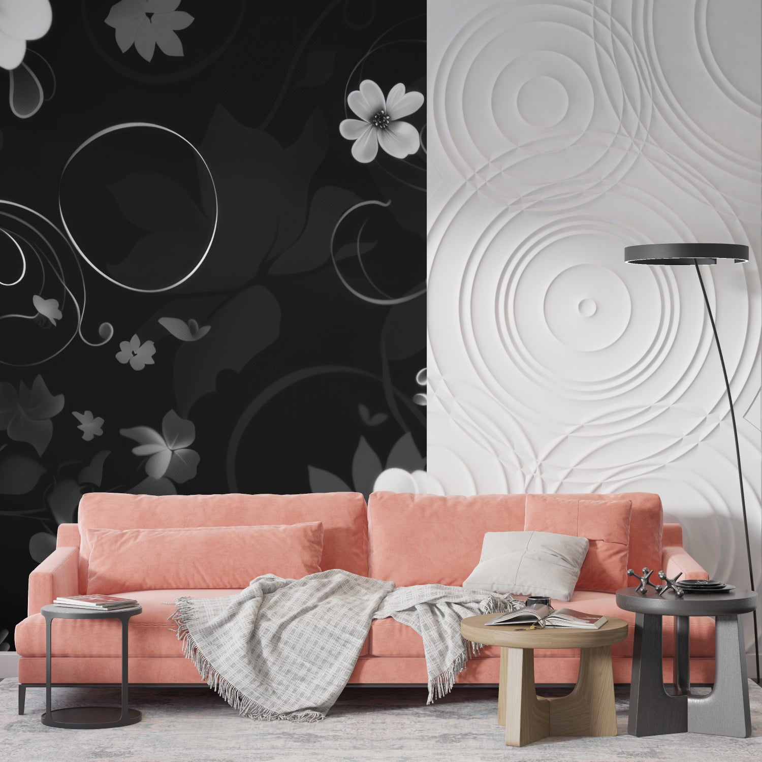 Black and white floral wallpaper in a modern living room creating an elegant atmosphere