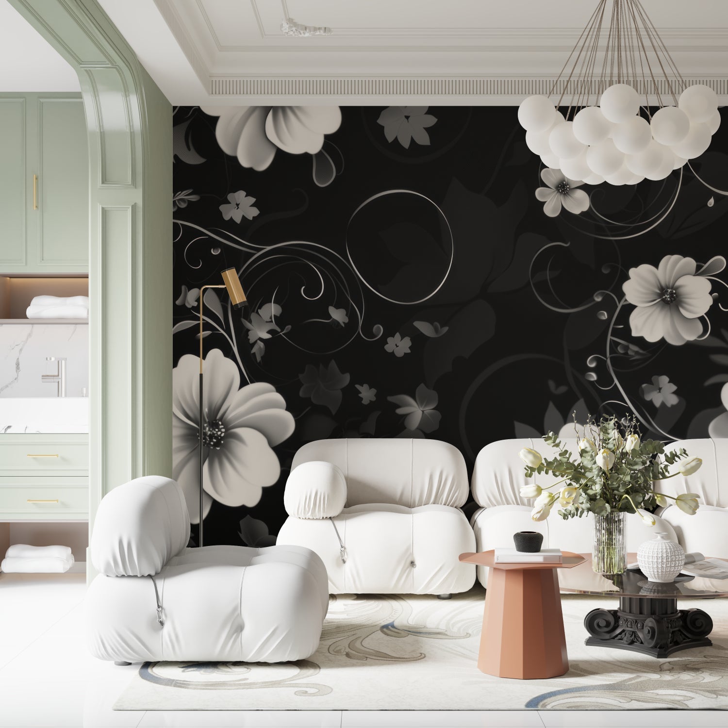 Black floral mural adding depth to an entryway with striking contrast