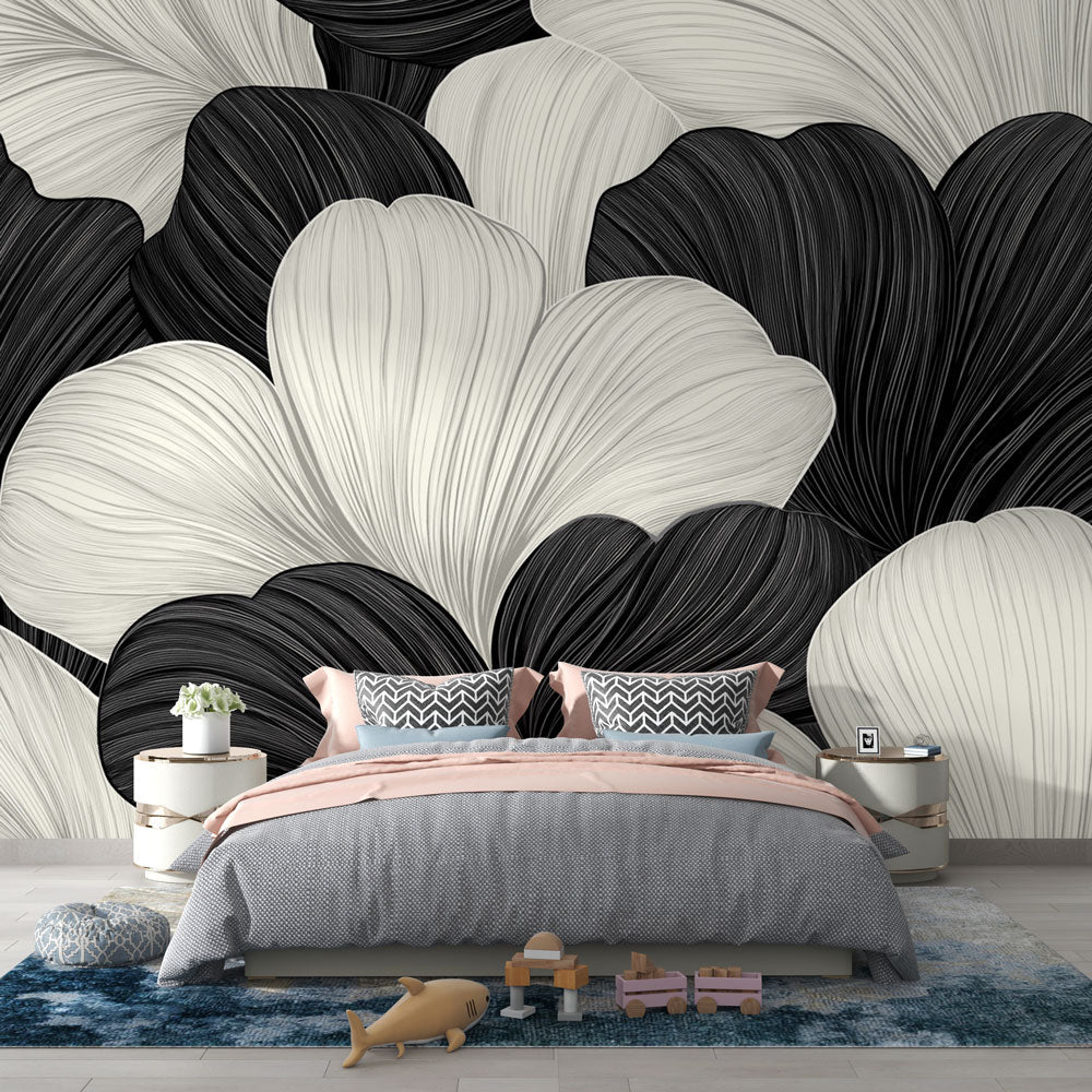 Black and white Ginkgo wallpaper creating drama in a modern dining room, large-scale botanical pattern adds sophistication