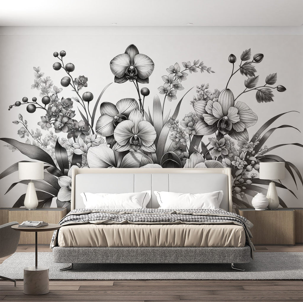 Black and white orchid wallpaper mural creating an elegant statement wall in a modern dining room with minimalist furniture