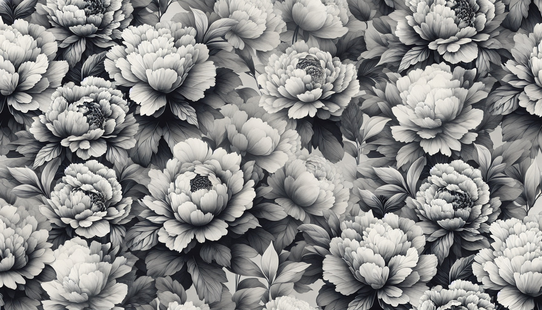 Black and white peony wallpaper design file showing intricate floral pattern detail