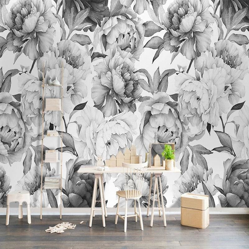 Monochrome peony wall mural creating dramatic backdrop in master bedroom setting