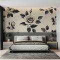 Black and white rose wallpaper in modern living room creating elegant atmosphere