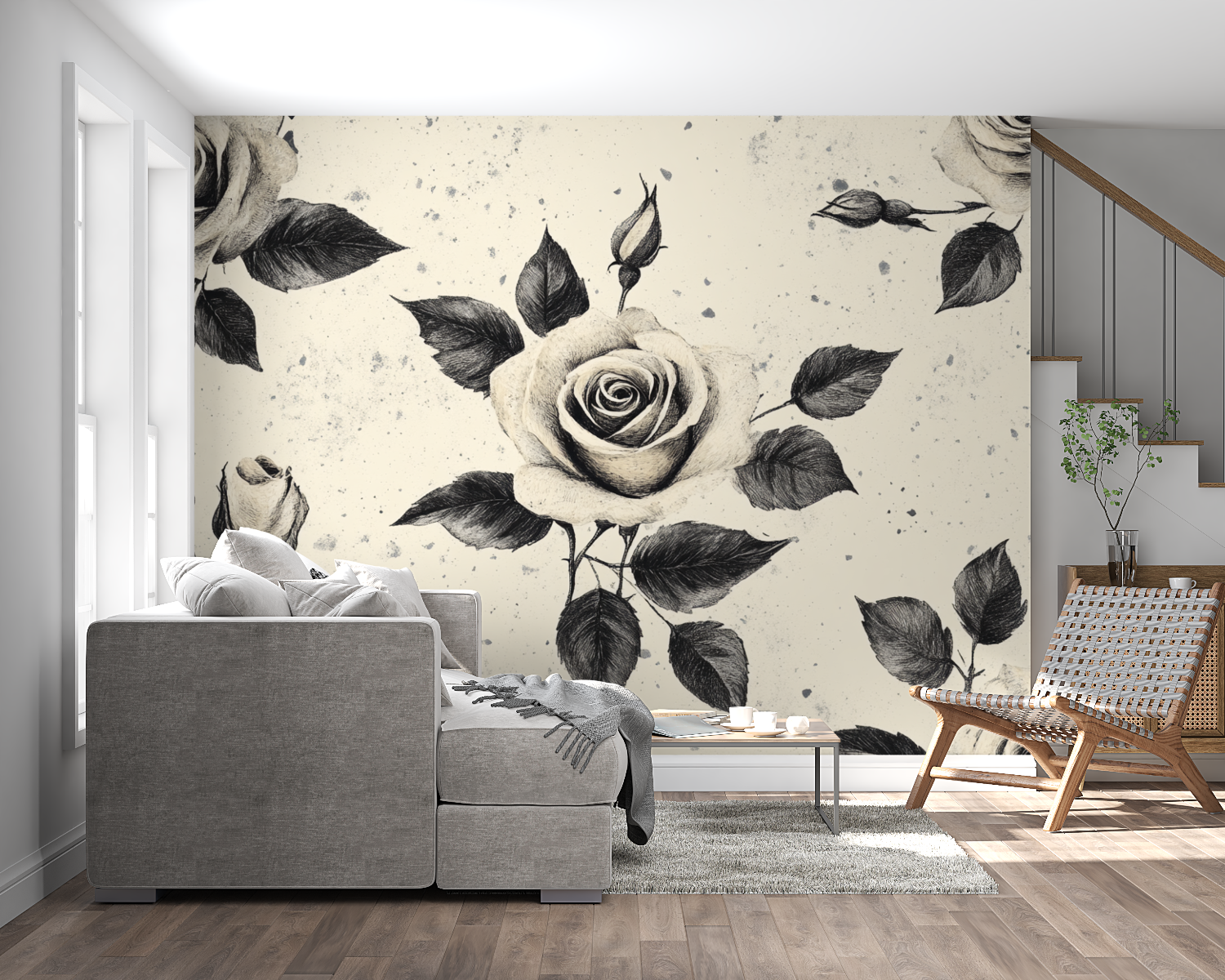 Rose pattern wallpaper making statement in dining room setting