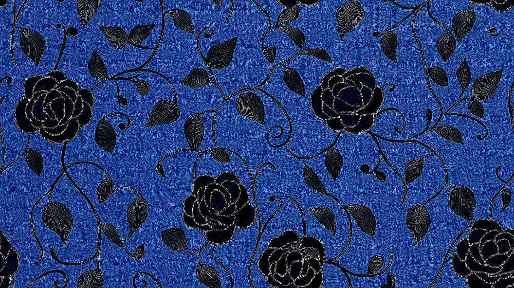 Black roses on royal blue wallpaper design file showing detailed pattern and silver-lined petals