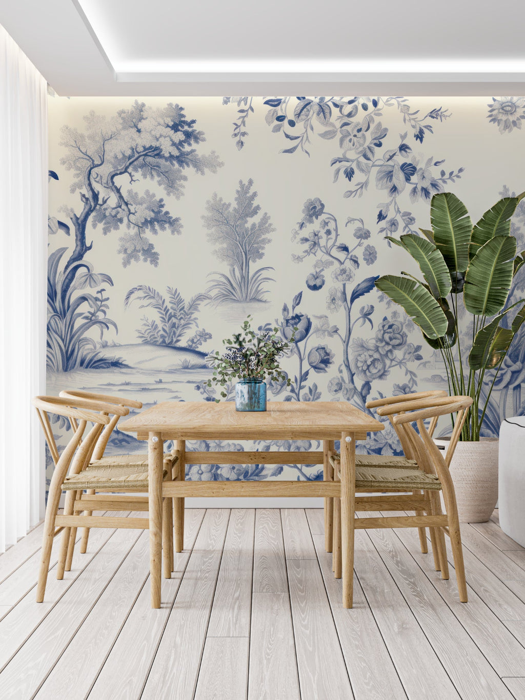 Blue toile de jouy wallpaper in elegant dining room with classic furniture and natural light