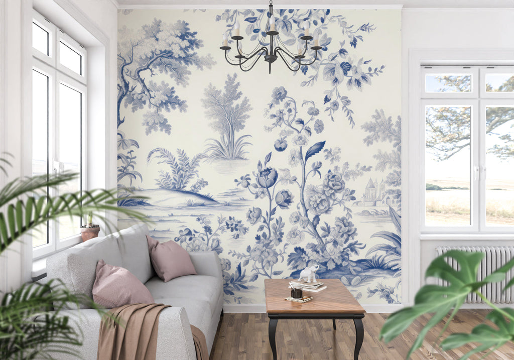 Blue and beige toile pattern in bright living room setting