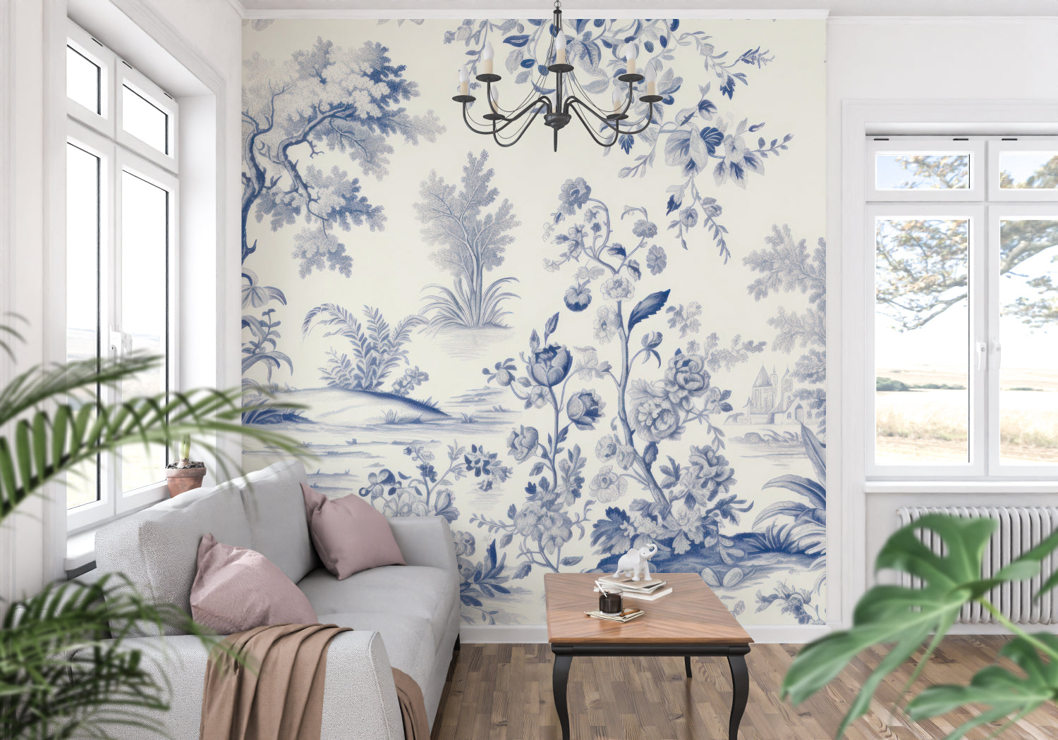 Blue and beige toile pattern in bright living room setting