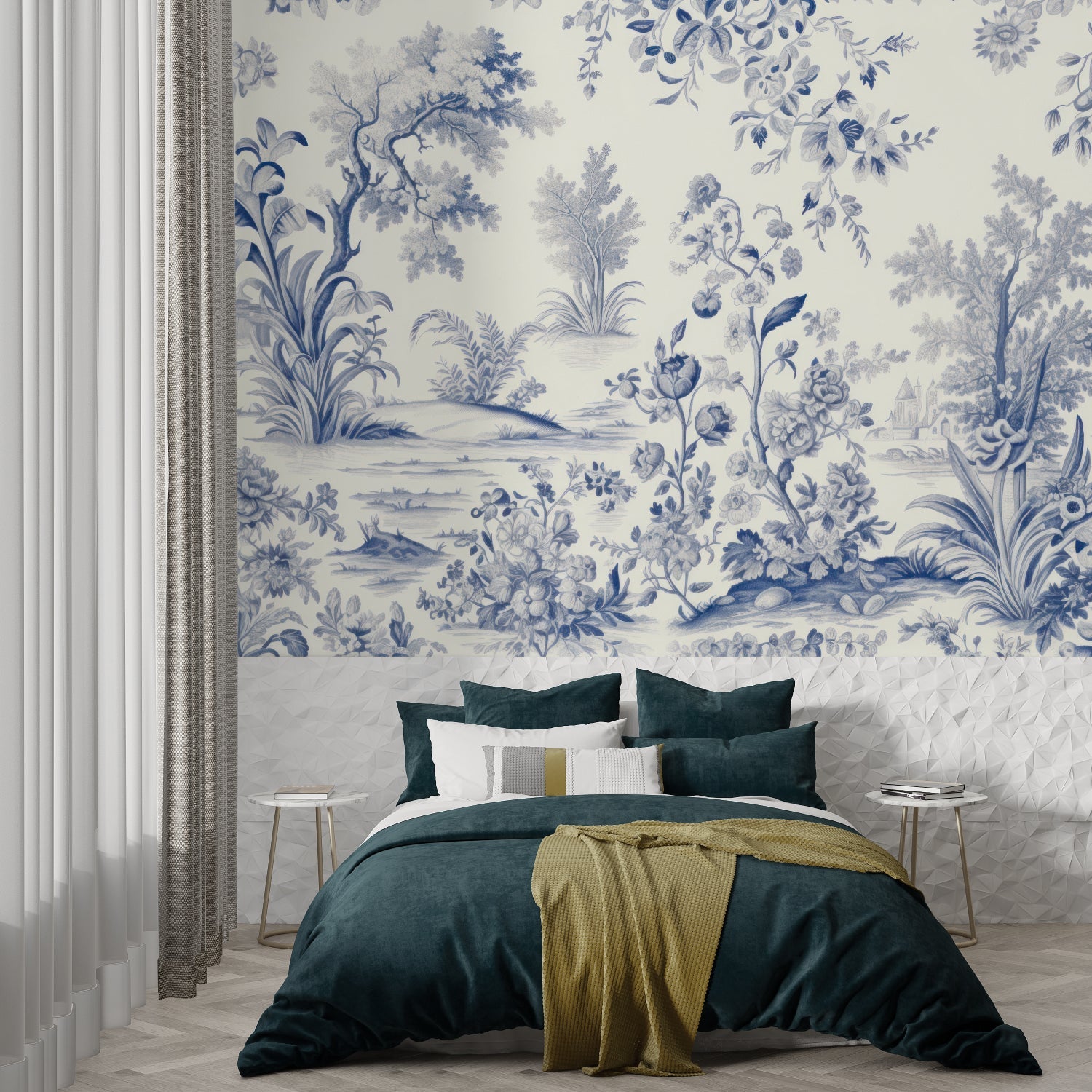 Toile de jouy wallpaper adding charm to home office space