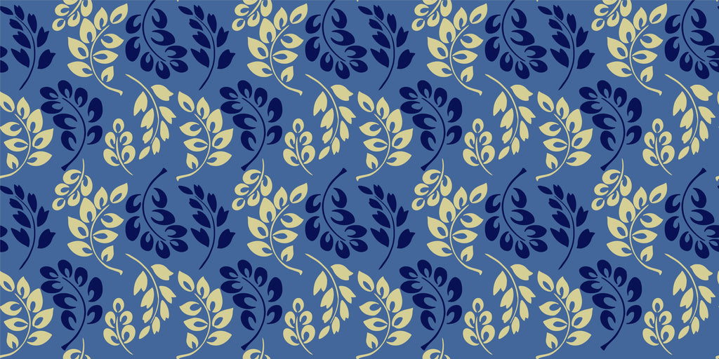 Design file of botanical wallpaper pattern showing intricate blue and gold leaf details